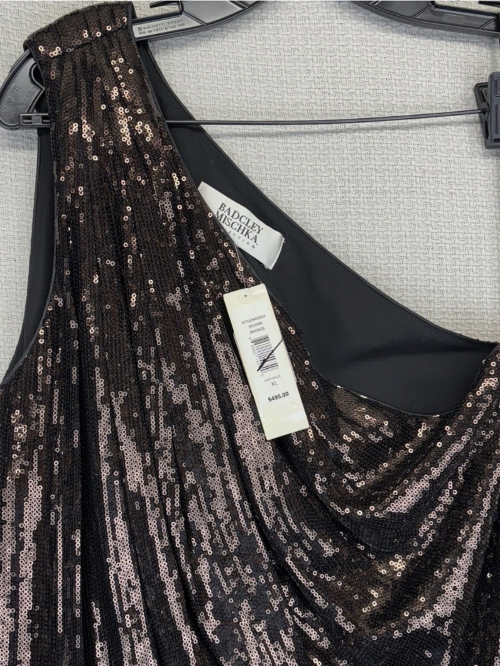 Badgley Mischka One Shoulder Bronze/Brown Sequined Mini Cocktail Party Dress XL - Picture 2 of 10